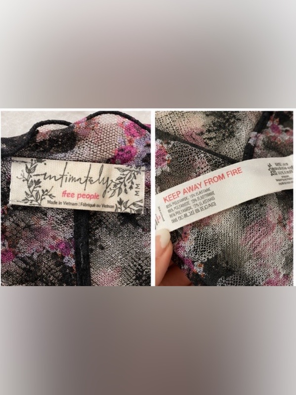 Intimately Free People Floral Mesh Mock Neck Sheer Top M Black Pink Long Sleeve - Picture 6 of 6